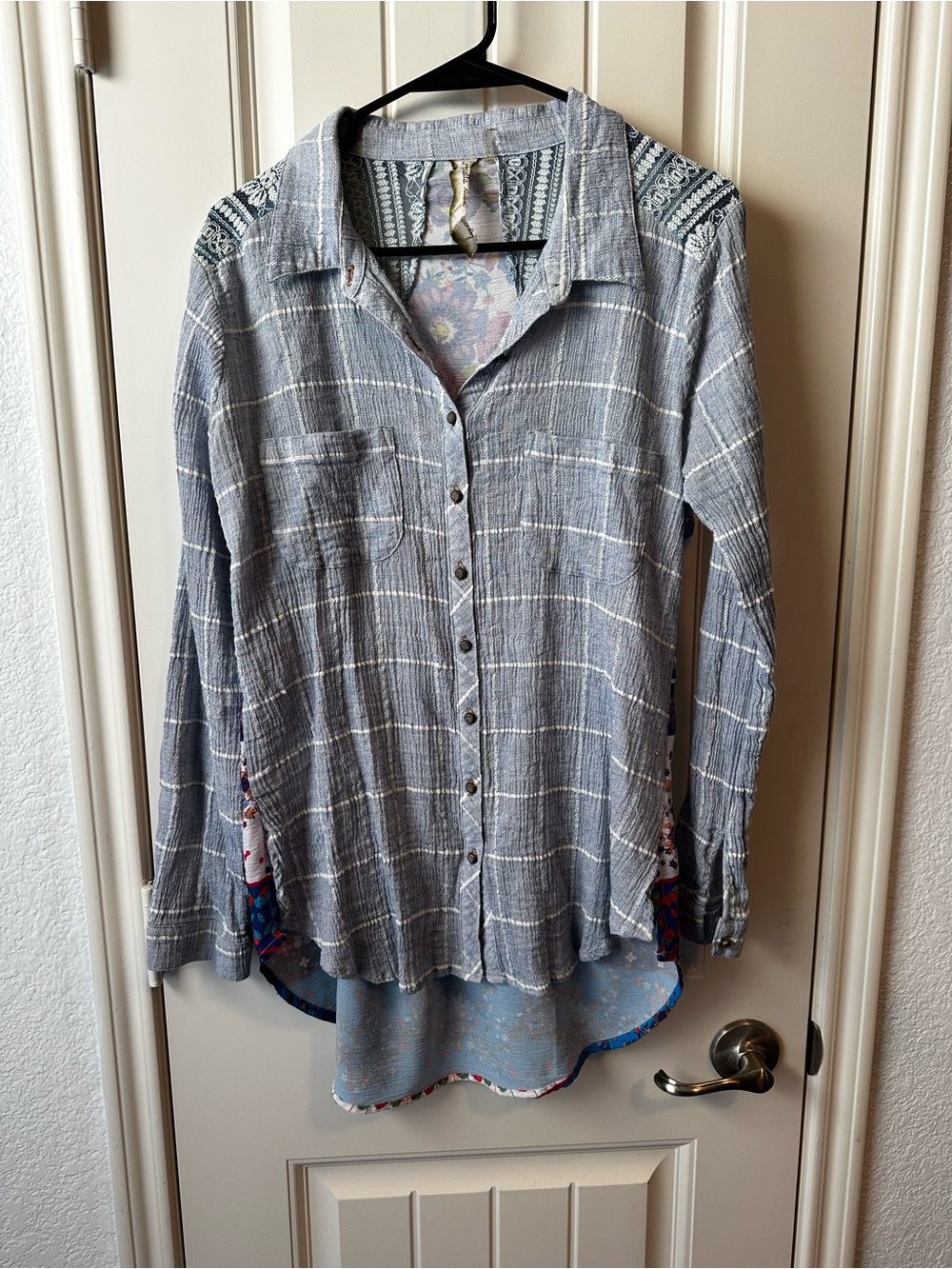 Anthropologie Aratta Silent Journey Blue Plaid Boho Floral Button-down Top M